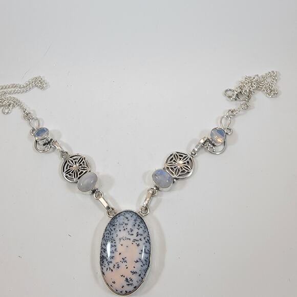 Handmade Dendritic Agate Necklace Sterling Silver Moonstone Accent Unique Design - Picture 1 of 10